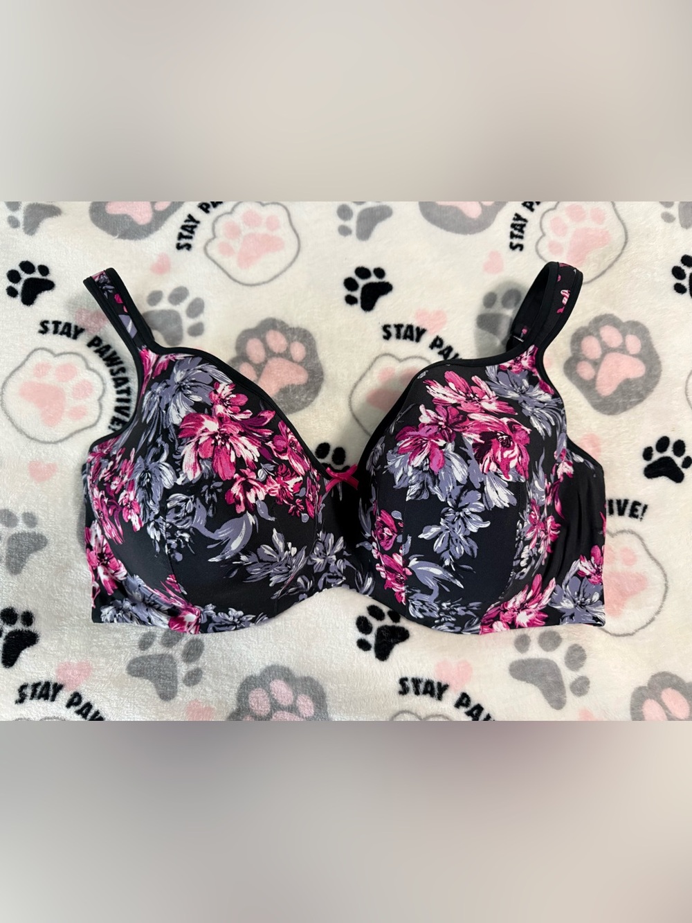 Floral Underwire Balconette Bra in Black with Pink & Lavender Flowers - 44F